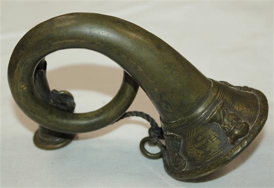 A rare late 17th century German brass miniature natural horn, signed Hieronymus Starck (1640-1693 Nurnberg), overall length 4.75in.